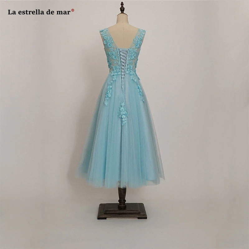 Robe demoiselle d'honneur courte2019 новое платье подружки невесты из тюля с глубоким вырезом и бусинами трапециевидной формы бирюзового и серого цвета