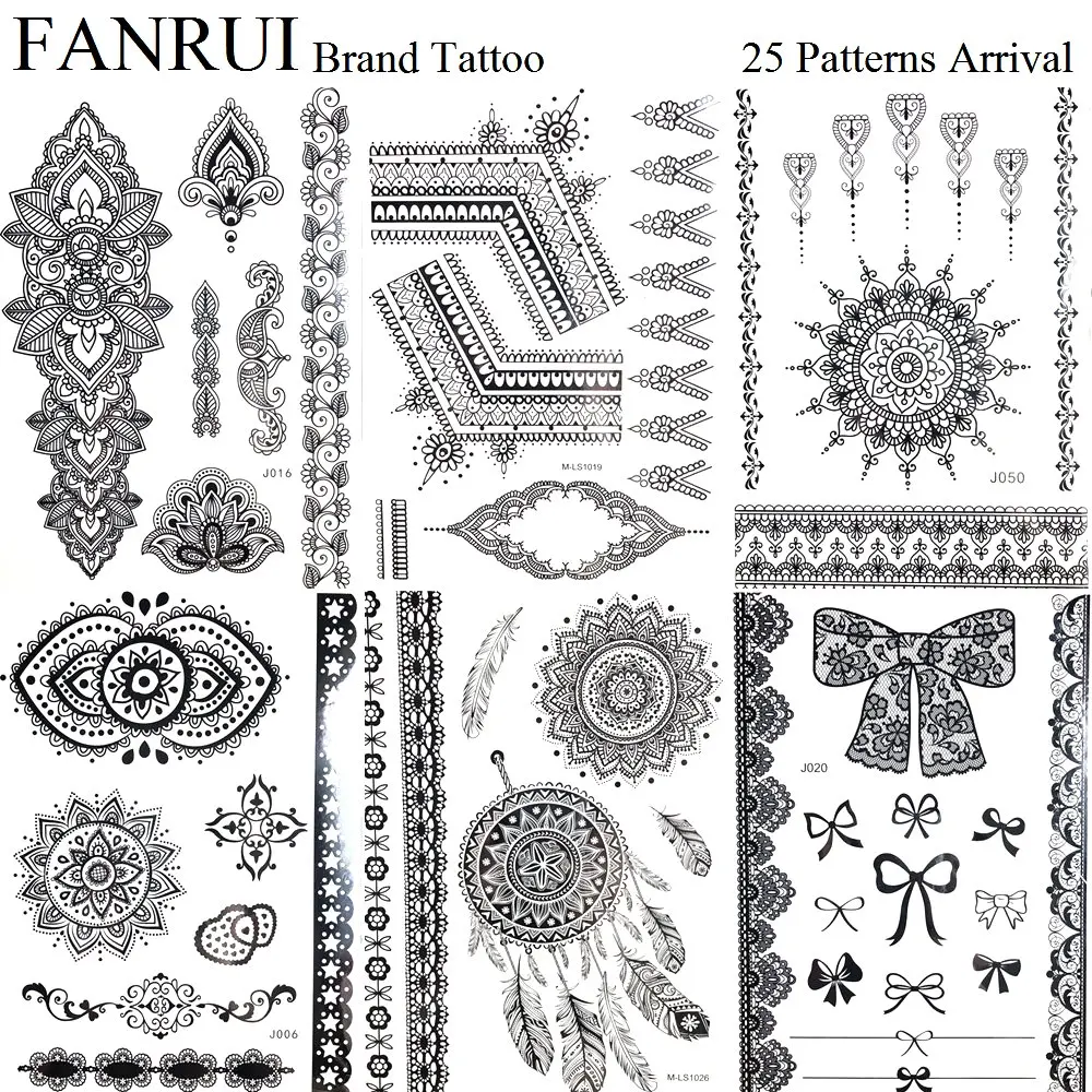 

25 Style Black Lace Henna Mandala Temporary Tattoo Girls Body Arm Tattoo Stickers Dreamcatcher Hand Wrist Fake Tatto Bracelet