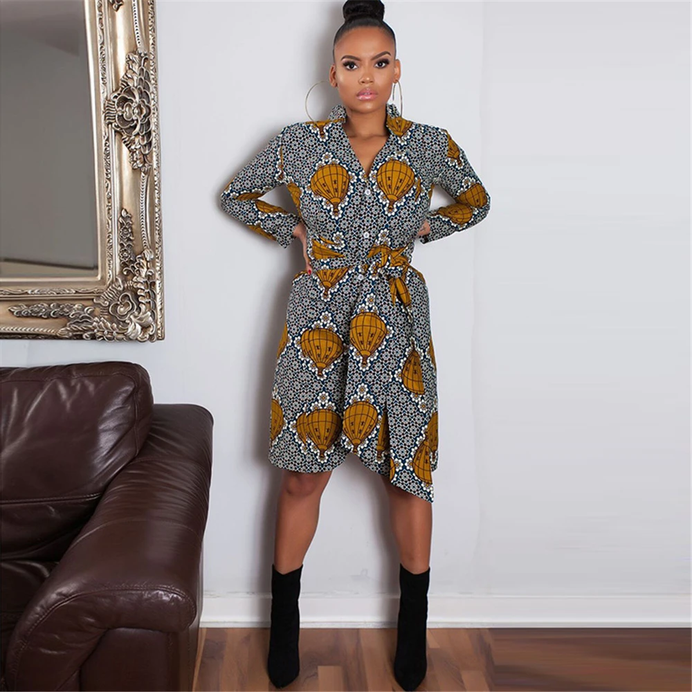 BAIBAZIN Новые африканские платья для женщин v-образным вырезом печати талии ремень платье с длинными рукавами женские Нерегулярные платье средней длины