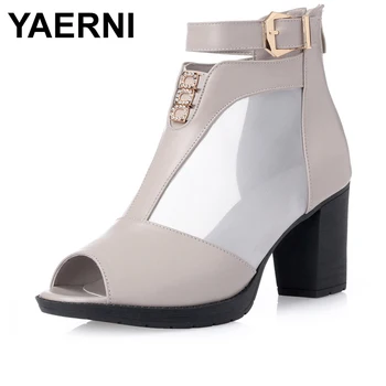 

YAERNI Women ankle Boots genuine Leather breathable Motorcycle Boots peep toe black sandals shoes sexy hollow out women shoes