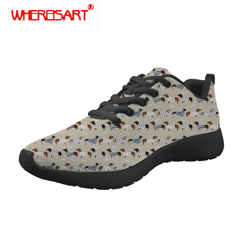 

WHEREISART Cute Doxie Dog Print Black Sneakers Dachshund Pattern Women Casual Flat Shoes Flats Female Summer Air Mesh Shoes 2019