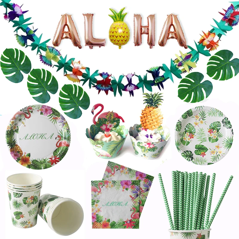 

Flamingo Hawaiian Party Ivy garland Wedding Decoration Paper Tableware Set Aloha Bunting Banner Summer Luau Party Birthday Decor