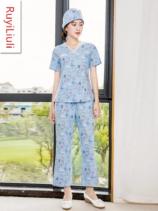 Новое хирургическое платье Южно-корейское больничное платье красота Больничная одежда для врачей Ручная стирка Женская одежда из хлопка и льна с принтом - Цвет: Hat coat and pants