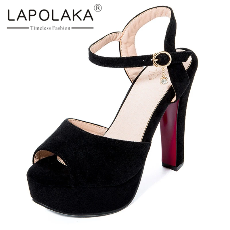

Lapolaka Peep Toe Women Shoes Sweet Elegant Summer Ankle Strap Flock Sandals High Heel Party Shoes Woman Plus Size 32-43
