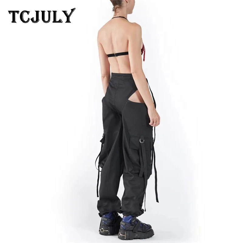 TCJULY новый дизайн стильные штаны в стиле хип хоп женские открытые черные брюки с
