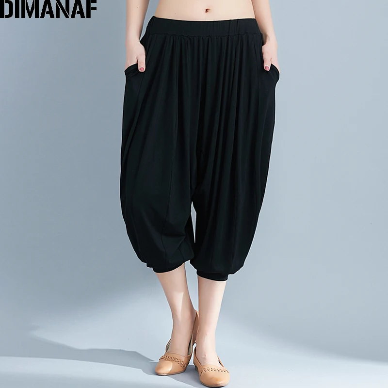 DIMANAF Women Harem Pants Summer Plus Size Solid Black Cotton Elastic ...