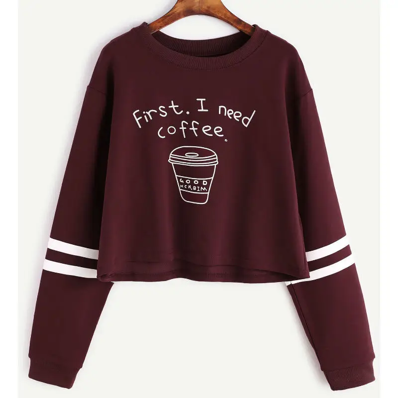 Women Pullover Short Cute Dancer Teens Youth Kawaii Clothing Crop Sweatshirt Top Letter Print first i need coffee women' hodies Hoodies