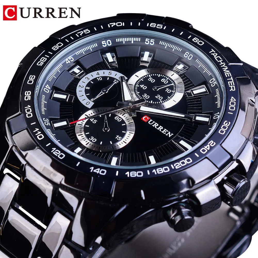 

CURREN Fashion Men Military Design Full Black Stainless Steel Mens Sport Watches Waterproof Top Brand Luxury Quartz Men Clock