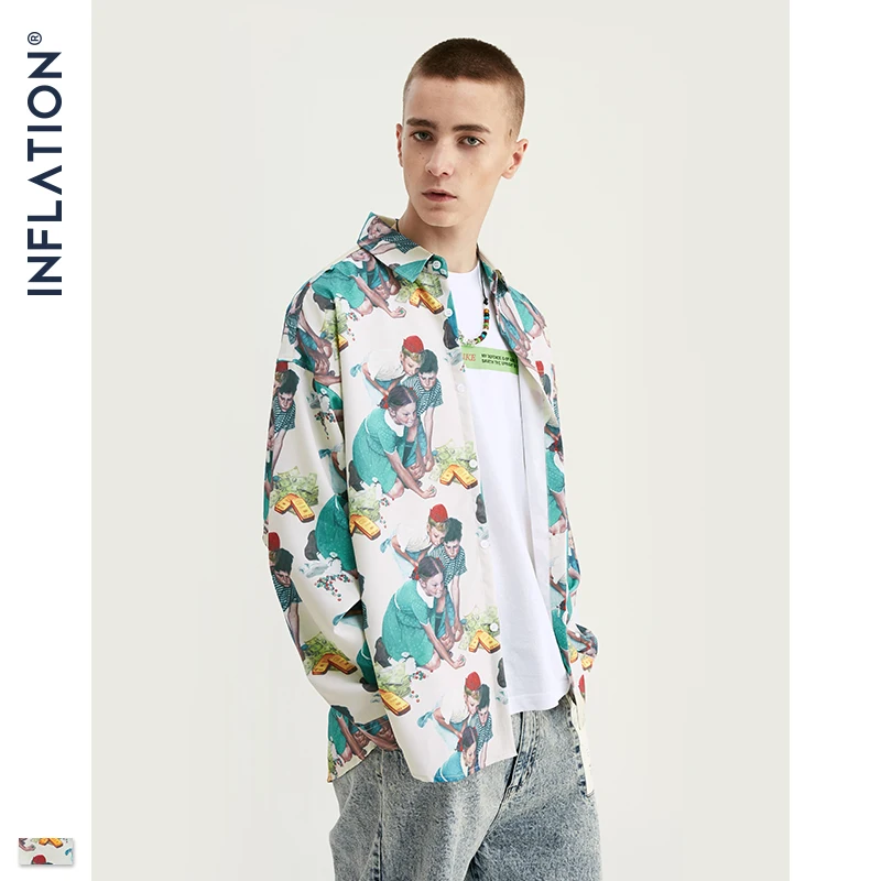 

INFLATION Men 2019 Autumn Loose Fit Shirts Digital Printing Shirt Man Long Sleeve Shirt Oversized Men Brand Shirt 92145W