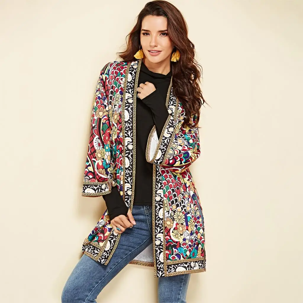 Goede Etnische Bloemenprint Jas 2018 Vrouwen Herfst Winter Lange Mouwen Split Toevallige Bovenkleding Dames Retro Lange Vest Jas