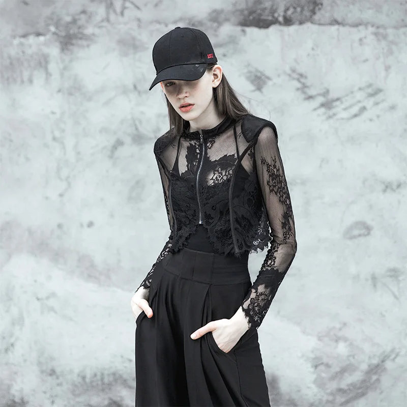 

PUNK RAVE Women Sunscreen Short Slim Loose Jacket Fashion Lace Flower Long Sleeve Gothic Short Jacket Coat