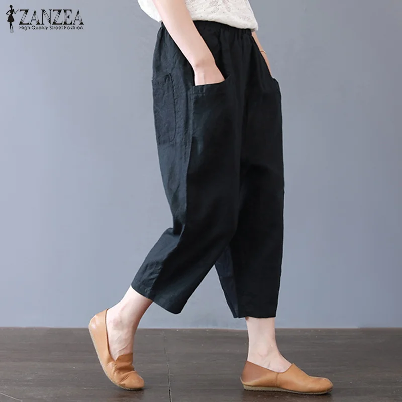 Плюс Размеры ZANZEA Для женщин эластичный пояс Карманы Твердые свободные элегантная Рабочая хлопок белье брюки репа Pantalon повседневные