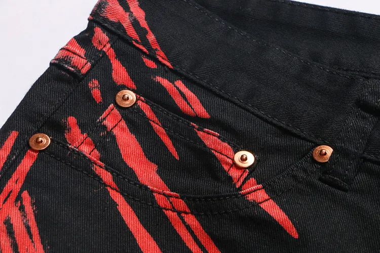 Sokotoo Мужская мода Красные линии тигр печати джинсы цветной рисунок тонкий стрейч черные джинсовые штаны длинные брюки