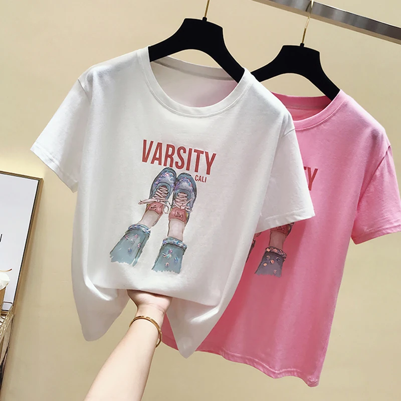 

shintimes Tee Shirt Femme Sequined Beading T Shirt Women Letter Cartoon Tshirt Cotton 2019 Summer Short Sleeve Female T-Shirts
