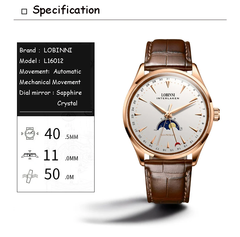 LOBINNI швейцарские мужские часы люксовый бренд Moon Phase авто механические мужские часы Сапфировая кожа relogio masculino L16012-1