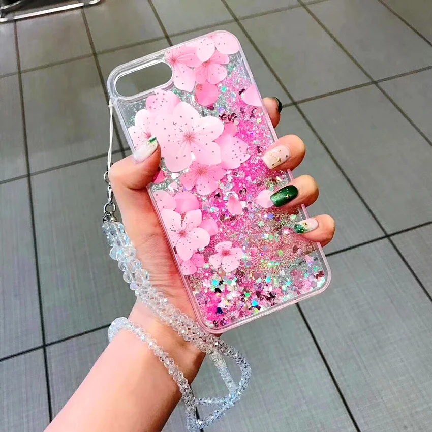 PINK LIPS Luxury Glitter Quicksand Peach blossom Case For iphone  XR X XS Max 6 6S 7 8 Plus Flower Liquid Case With Crystal rope (2)