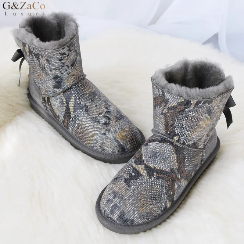 Beste G amp; Zaco Luxe vrouwen Schapenvacht Laarzen Natuurlijke Wol Bont Snake Bandage Terug Boog Korte Lederen Python Patroon vrouwen Laarzen