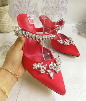 

New Satin Women Slipper High Thin Heel Bling Crystal Embellished Women Shoes Pointed Toe Chic Runway Star Fashion Shoe Woman