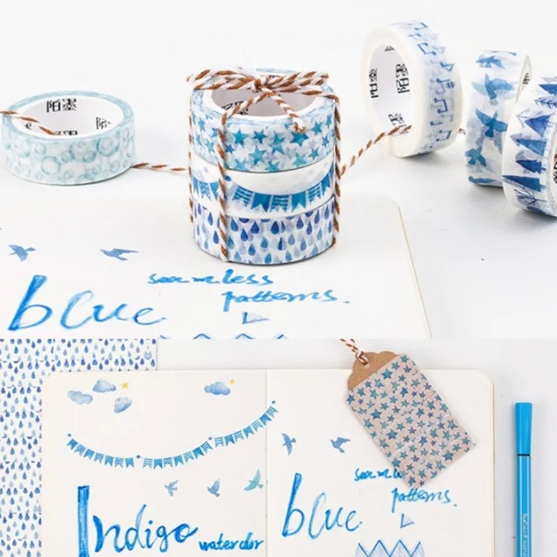 

8 pcs/Lot Blue washi tape paper masking tapes 15mm*7m Bird Star Cloud Music Rain scrapbook Stationery school supplies CJ682
