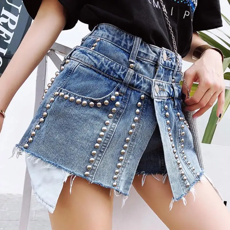 Весна и лето новые индивидуальные Поддельные джинсы pieces шорты женские с бисером Высокая талия джинсовая короткая юбка