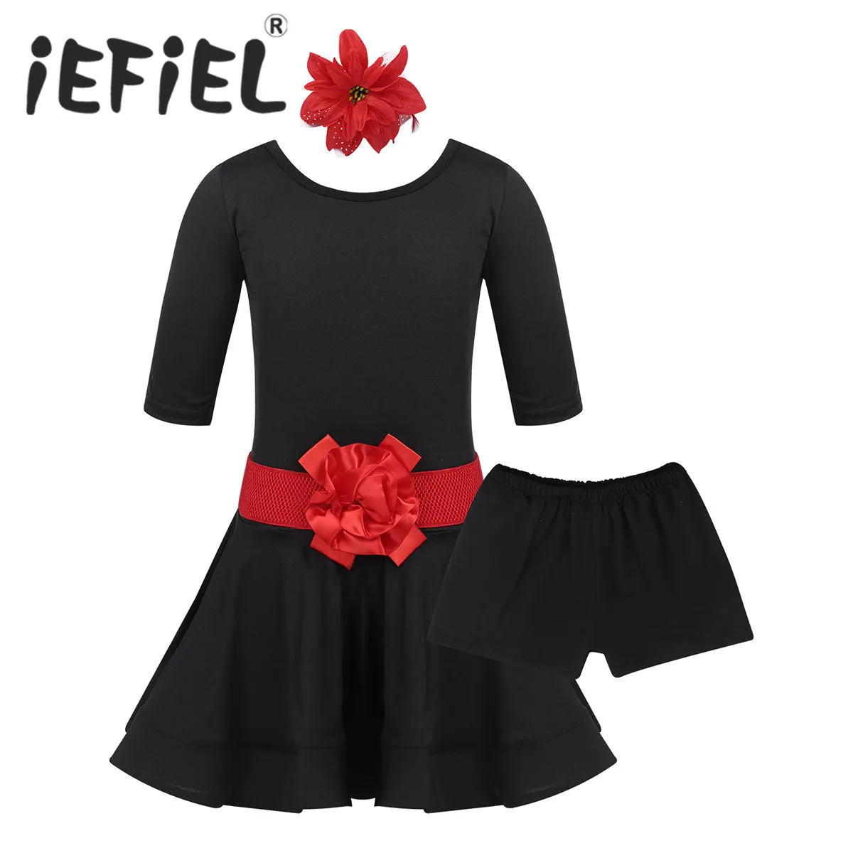 

Teenage Kid Girls Children Latin Rumba Samba Dance Dress Ballroom Dancewear Ballet Dance Dress with Underpants Hairclip Belt Set