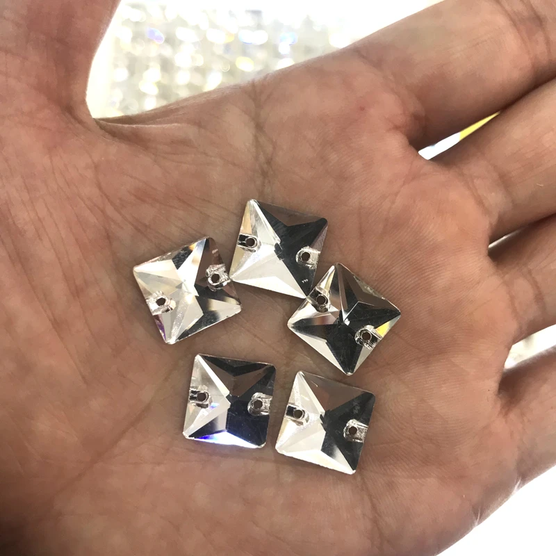 

40pcs 12mm square glass sew on rhinestone with two hole white color crystal stone beads flat back machine cut sew-on rhinestones