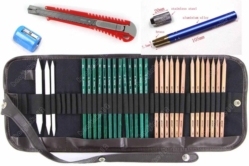 

26 pcs Sketch Drawing Tool Set Roll Up Pencil Case 26 Pencil Sharpener Extender Knife Paer Pen Wholesale B