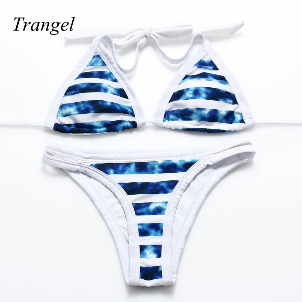 2016 Stripsky Women Halter Swimwear Paddedbiquinis feminino brasileiro Cut Out Brazilian Bikini Beachwear Striped Bathing Suit