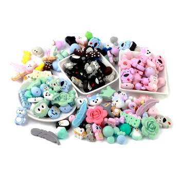 

TYRY.HU 5pcs Food Grade Baby Teether Beads Mini Fox Penguin Raccoon Elephant Koala Pearl Silicone Beads Pacifier Clips Chain DIY