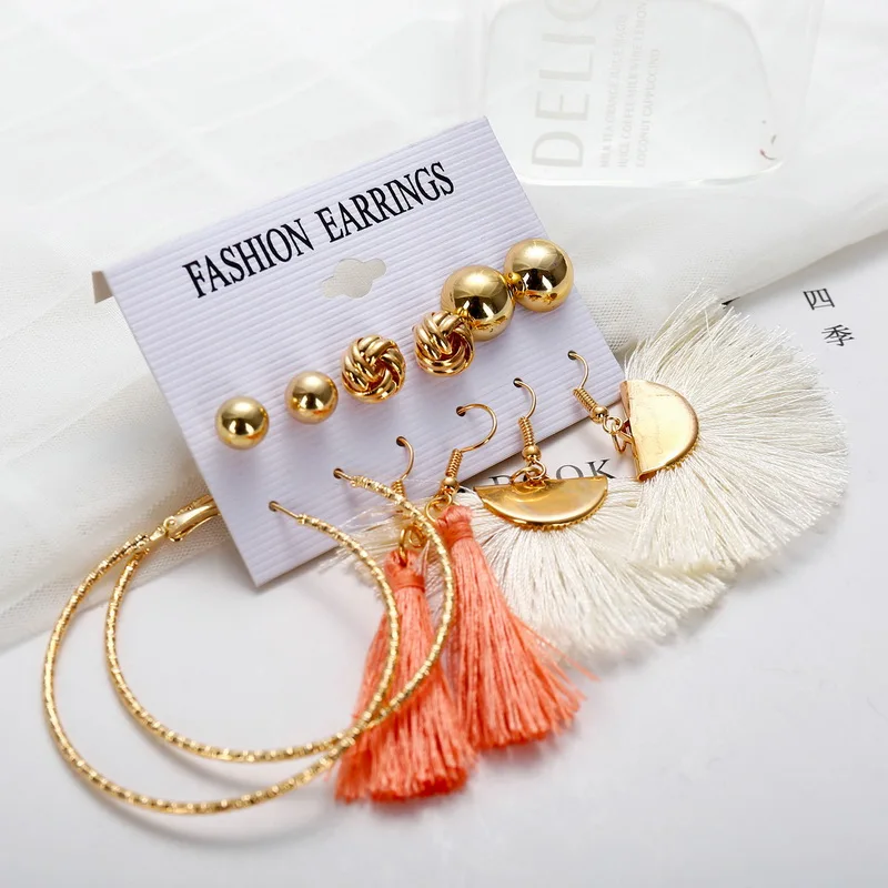 Belleper New Design Tassel Earring Sets Women Geometric Bohemian Gold Flower Long Tassel Earring Set Fashion Wedding Jewelry