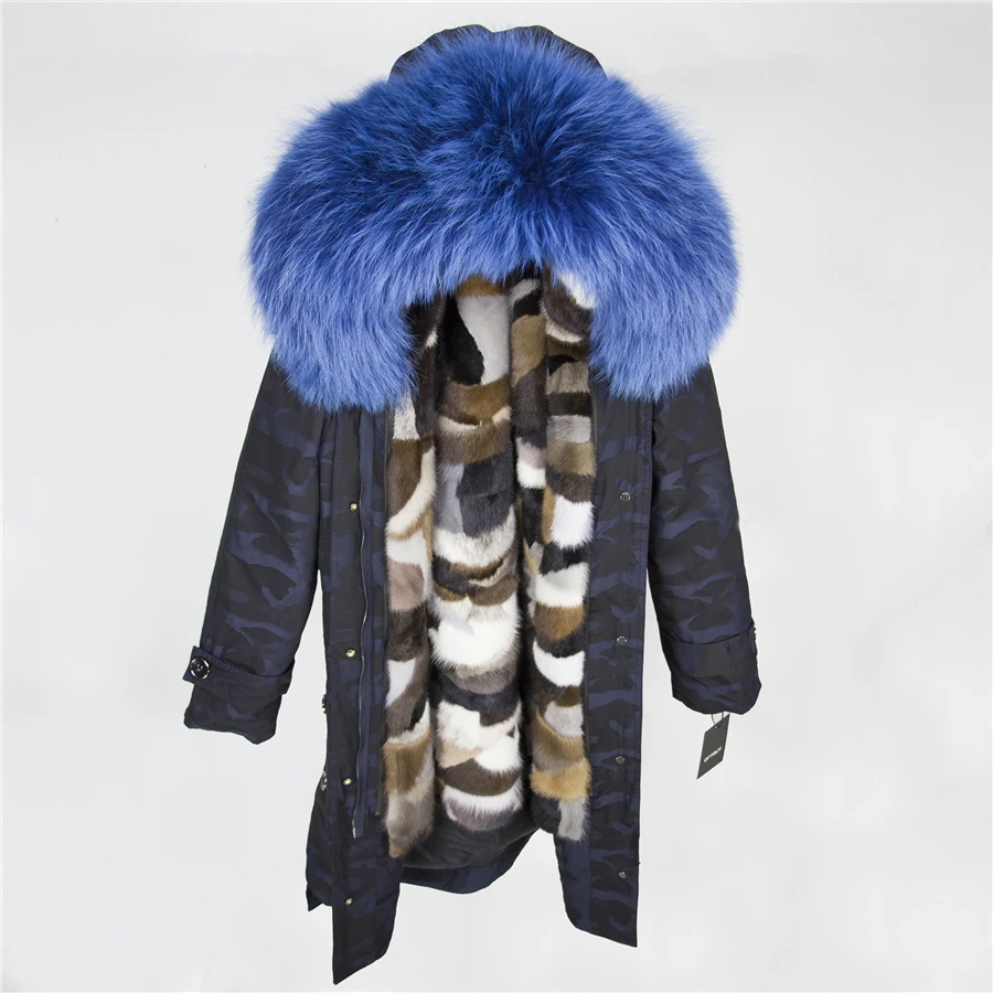 OFTBUY пальто с натуральным мехом, зимняя куртка для женщин, удлиненная Камуфляжная парка, большой воротник из натурального меха енота, капюшон, подкладка из натурального меха норки - Цвет: blue Camouflage 15