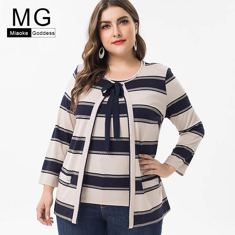 

MG 2019 Summer Plus Size womens cotton T-shirts and tops fashion clothing ladies streetwear 2-piece set stripe tops blouses