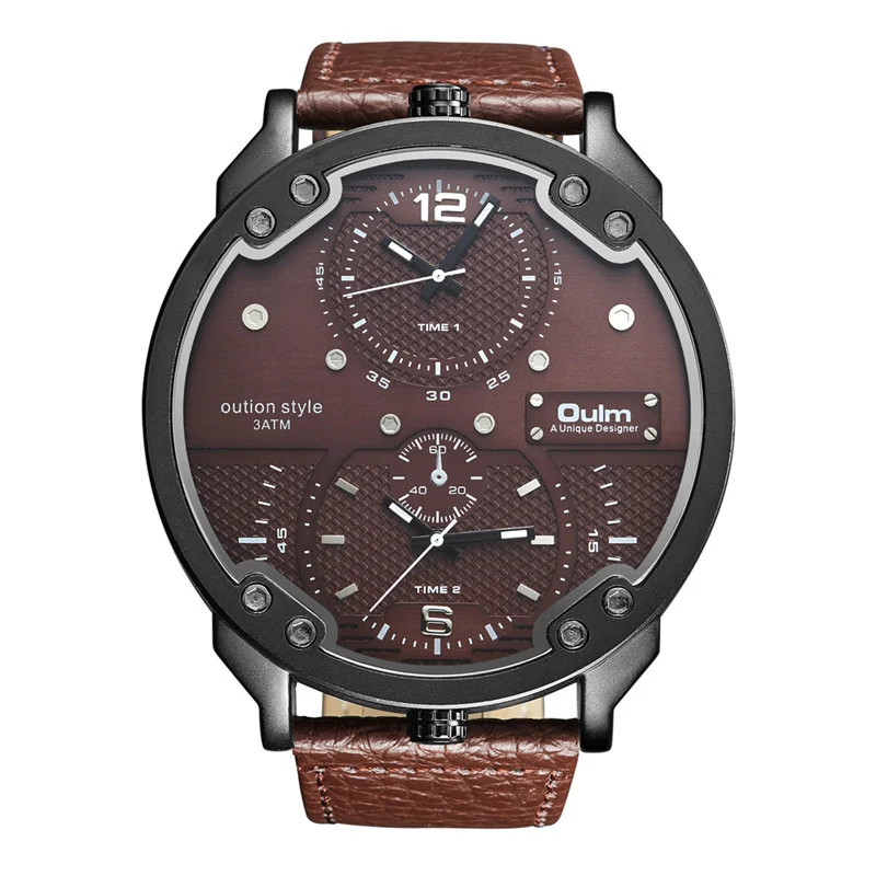 Oulm Роскошные брендовые большие мужские часы с двумя часовыми поясами мужские повседневные спортивные часы с большим циферблатом кожаные мужские наручные часы reloj hombre - Цвет: Leather Brown