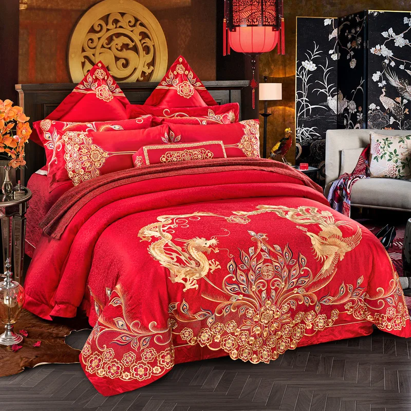 

4/6/9pcs 100% Cotton Red Luxury Duvet Cover Bed Cover Sheet Set Golden Dragon Phoenix Embroidery Pattern Wedding Bedding Set