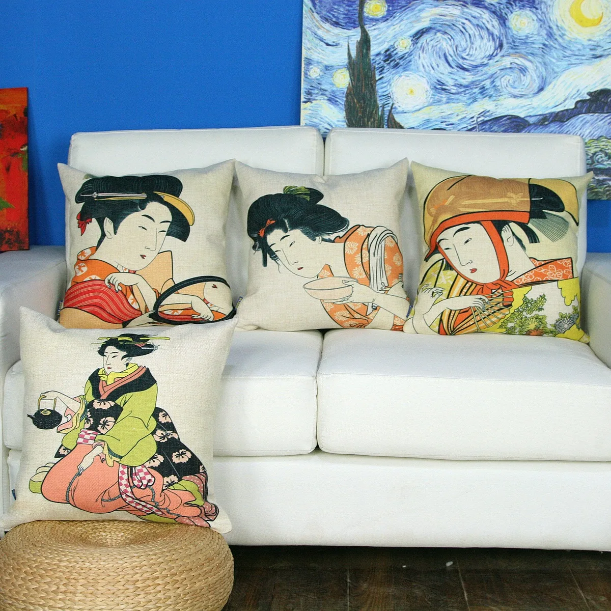 Square high quality cotton linen pillowcase Japanese style beauty geisha Ukiyo e Pillowcase