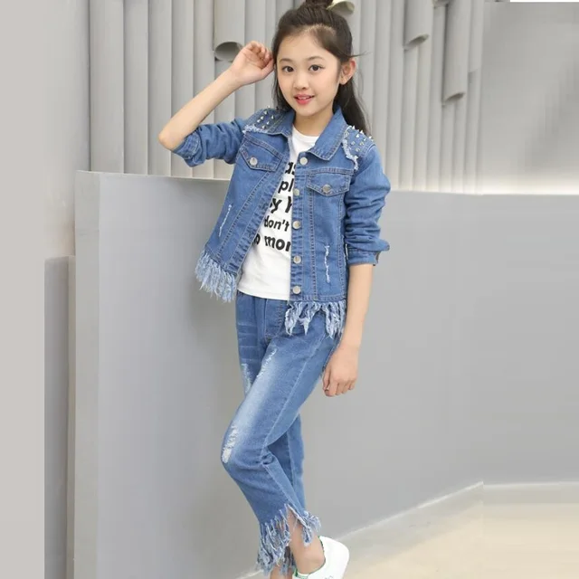 2018 Spring Fashion Baby Teen Girls Clothing Sets Rivet Tassel Denim