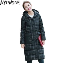 AYUNSUE Новая мода белая утка подпушка зимняя куртка для женщин с капюшоном плед Длинные пальто женский манто femme Abrigos Mujer LX360