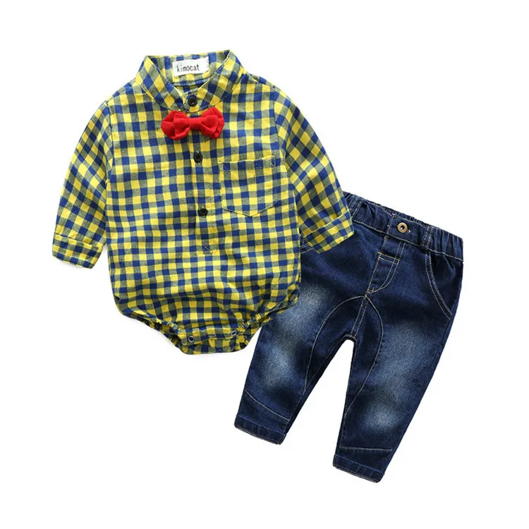 Одежда для новорожденных малышей Весна и осень Модный хлопковый костюм джентльмена рубашка с галстуком + джинсы комплект из двух предметов