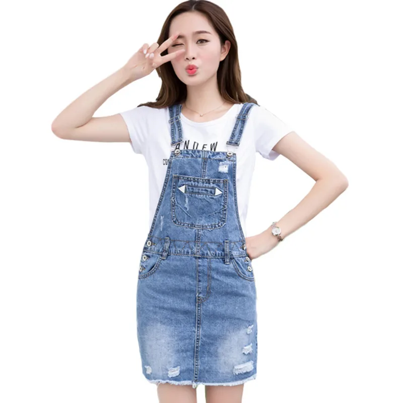 

#2711 Summer 2019 Spaghetti Straps Denim Dress Women Holes Preppy Style Straight Slim Jeans Dresses Femme Harajuku Sleeveless
