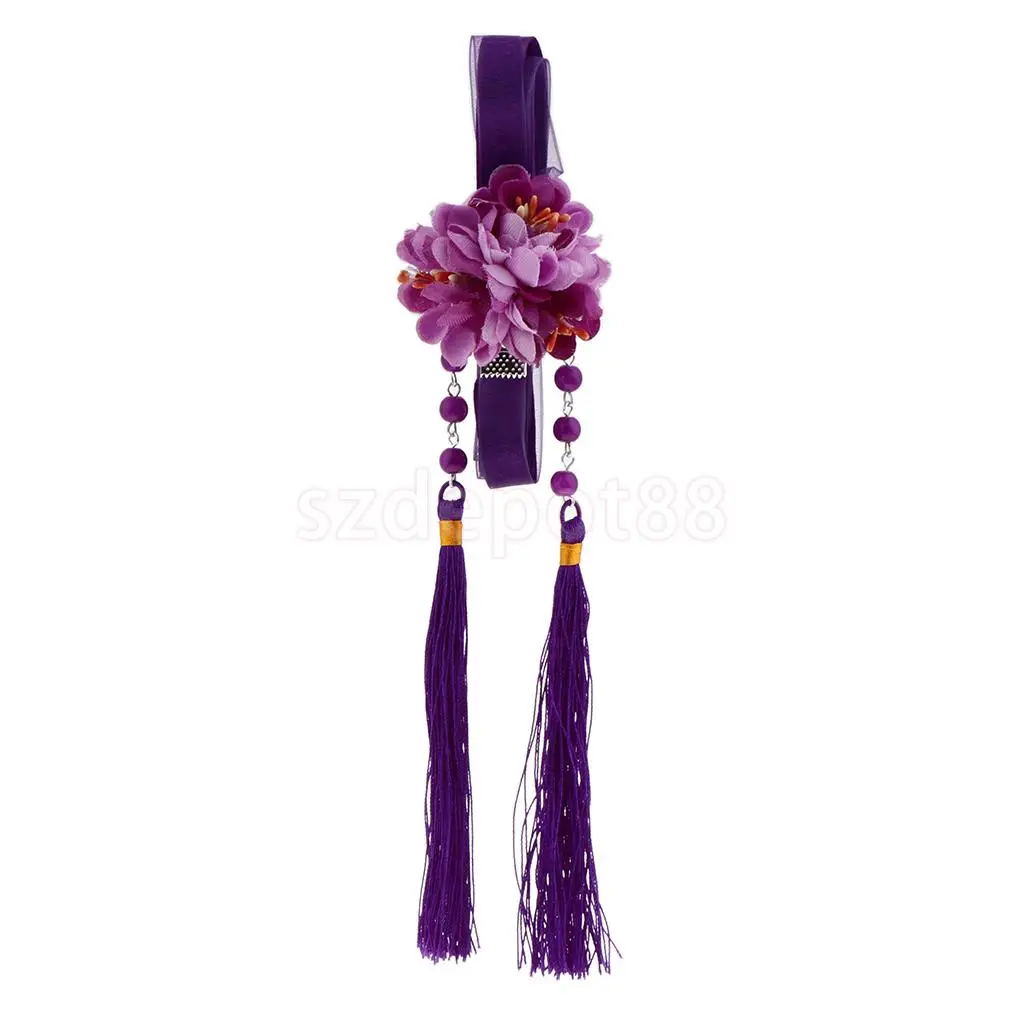 Ribbon Flower Chain Tassel Ancient Chinese Headdress Clip & Beads Dangle Earring Set Bridal Wedding Cosplay Party Hair Jewelry
