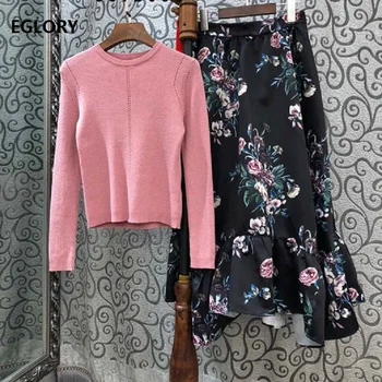 

Top Grade Designer Clothing Sets 2019 Autumn Sweater Suit Women Knitted Pullovers+Vintage Print Long Maxi Skirt Set Two Piece