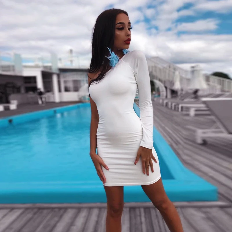 Autumn winter Casual Cotton one one shoulder slope long sleeve high waist sexy bodycon dresses  Solid women fashion party dress