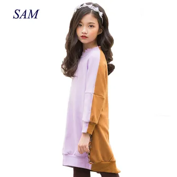 

Girls color mosaic dress new 2019 big children autumn and winter cute sweater dresses kids princess purfle patchwork dress
