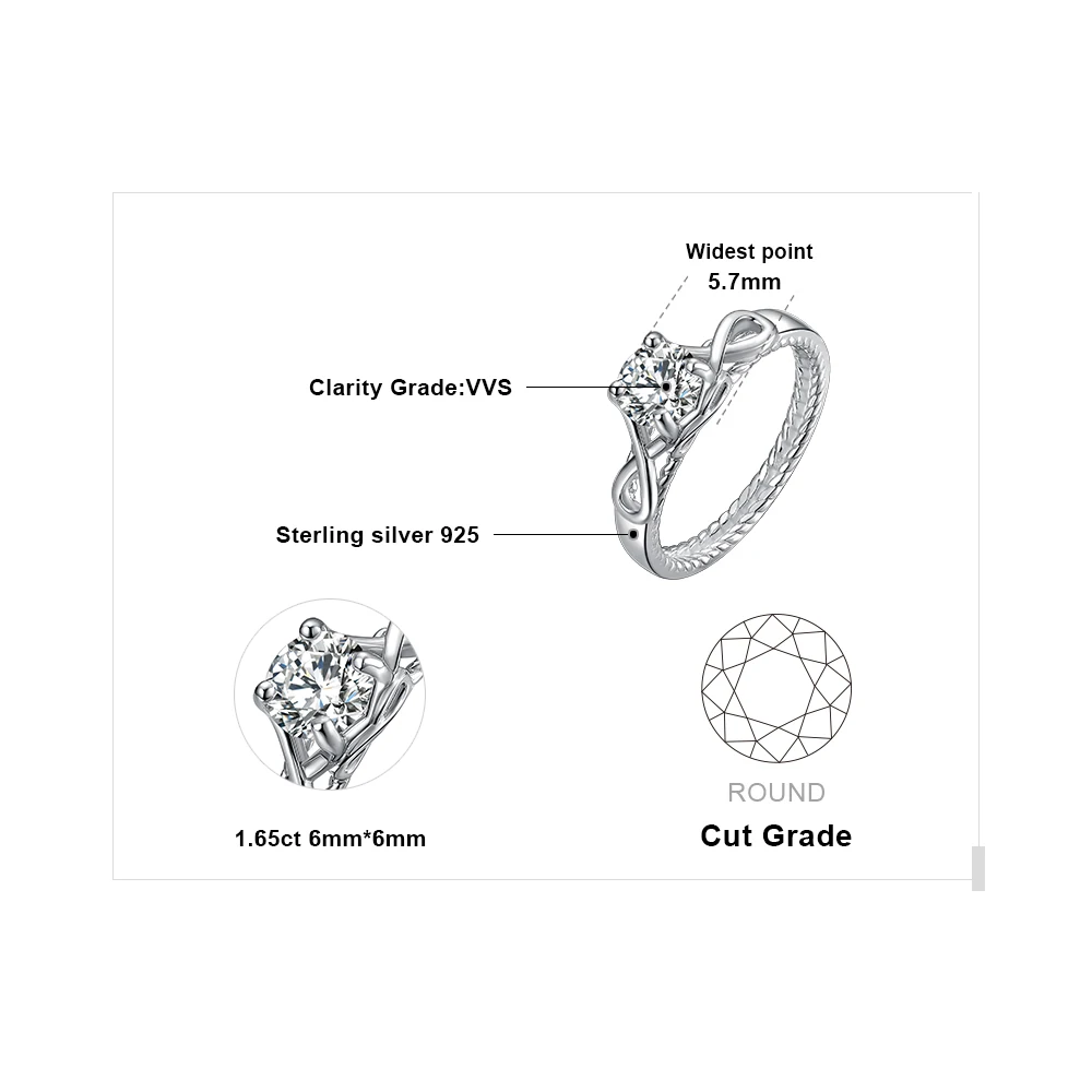 JewelryPalace Infinity 1.6ct Cubic Zirconia 925 Sterling Silver Ring Anniversary Promise Wedding Engagement Rings For Women Gift