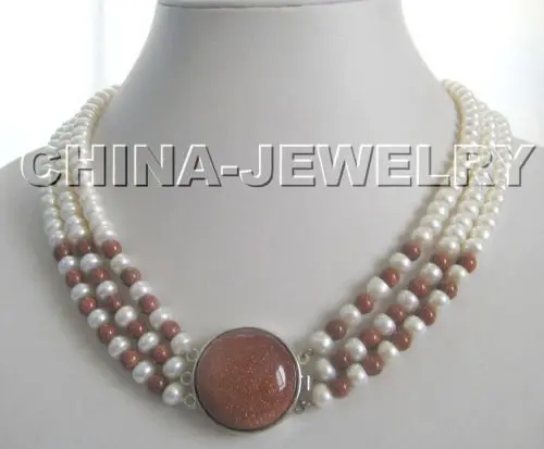 

3row 17-19" 8mm natural white freshwater pearl and gold sand stone necklace