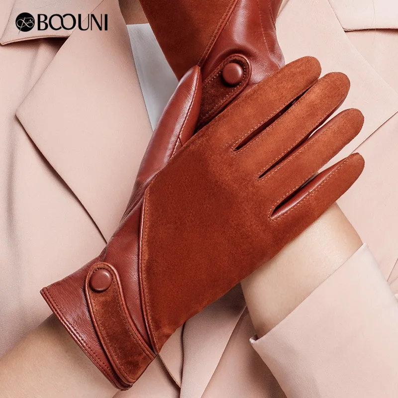 Baratos BOOUNI guantes de cuero genuino moda mujer gamuza piel de oveja Guantes Térmicos de invierno forro de terciopelo guantes de conducción NW563