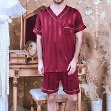 Мужская одежда для сна, тонкие шелковые пижамы, ночная рубашка с короткими рукавами, короткие штаны, домашняя одежда, комплект из 2 предметов, большие размеры, одежда для сна, J115