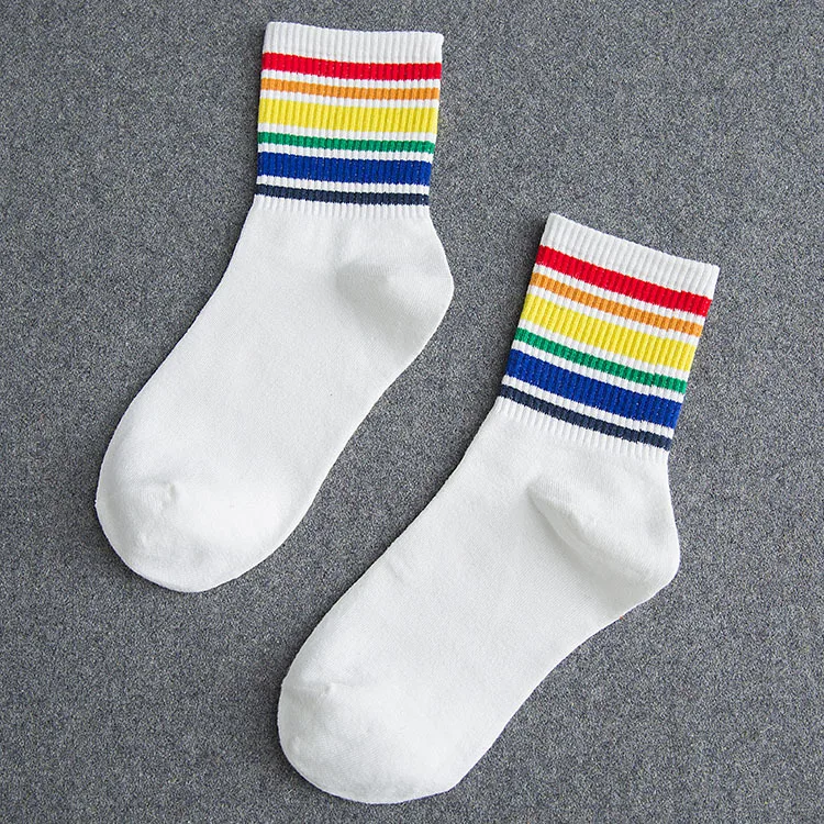 LGBT Striped Fashion Korean Streetwear Women Rainbow Socks Warm Funny Candy White Black Short Winter Cotton Happy Socks knee socks