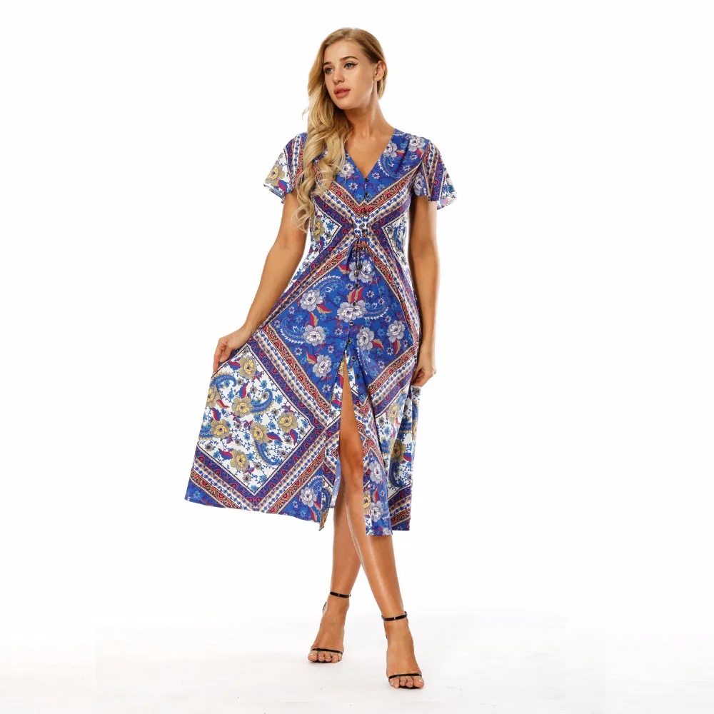 BOHOFREE винтажное платье макси с цветочным принтом народное племя Vestidos Mujer коротким