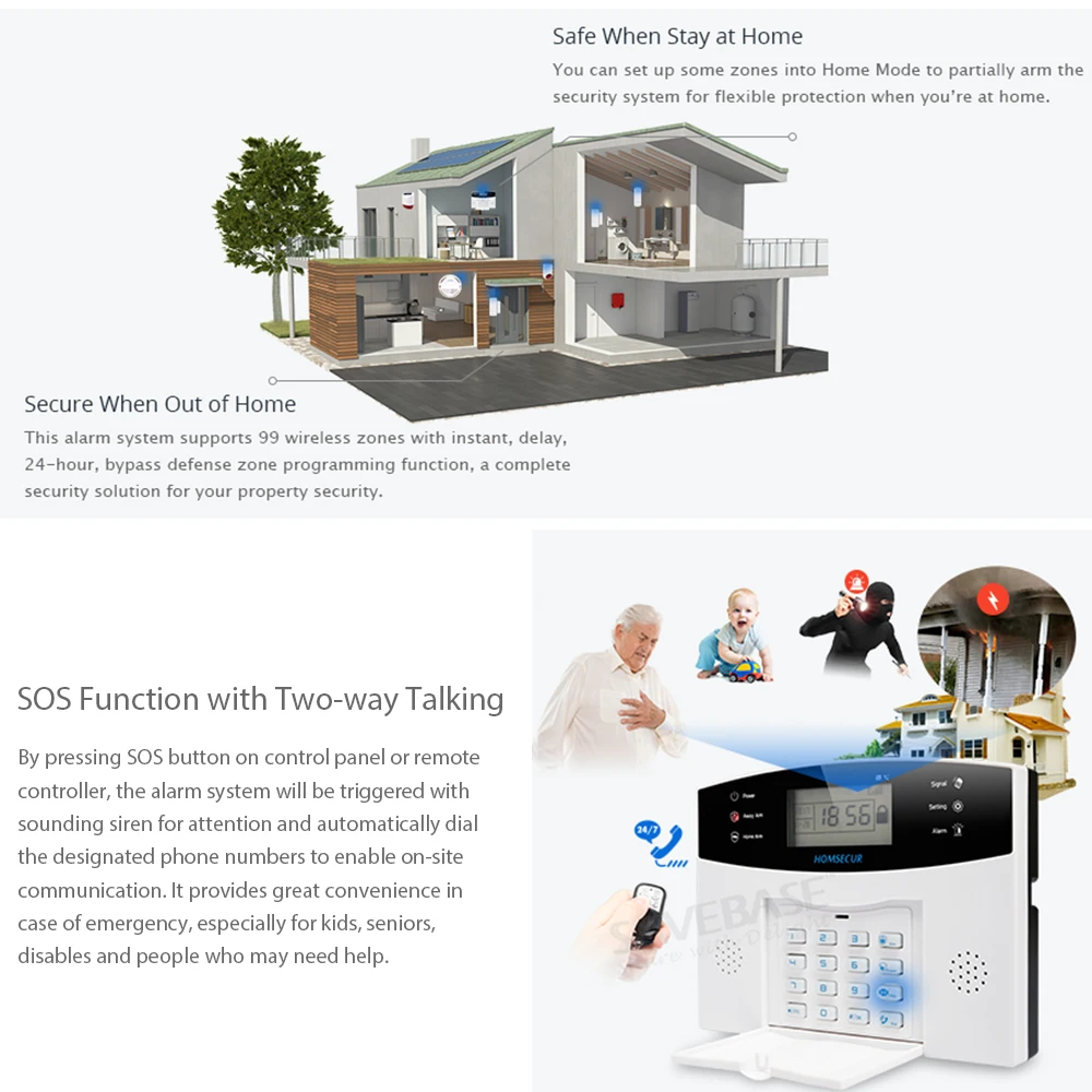 HOMSECUR DIY sistema de alarma GSM para la seguridad del hogar (Panel de alarma LA01, Sensor de movimiento PIR, Sensor de humo, sirena estroboscópica de Flash, etc. opcional)